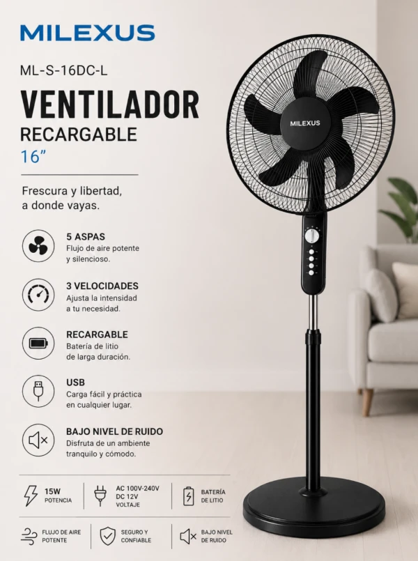 Ventilador Recargable MILEXUS 16" NEGRO's foto | CASAVIVA |  BizneCubano