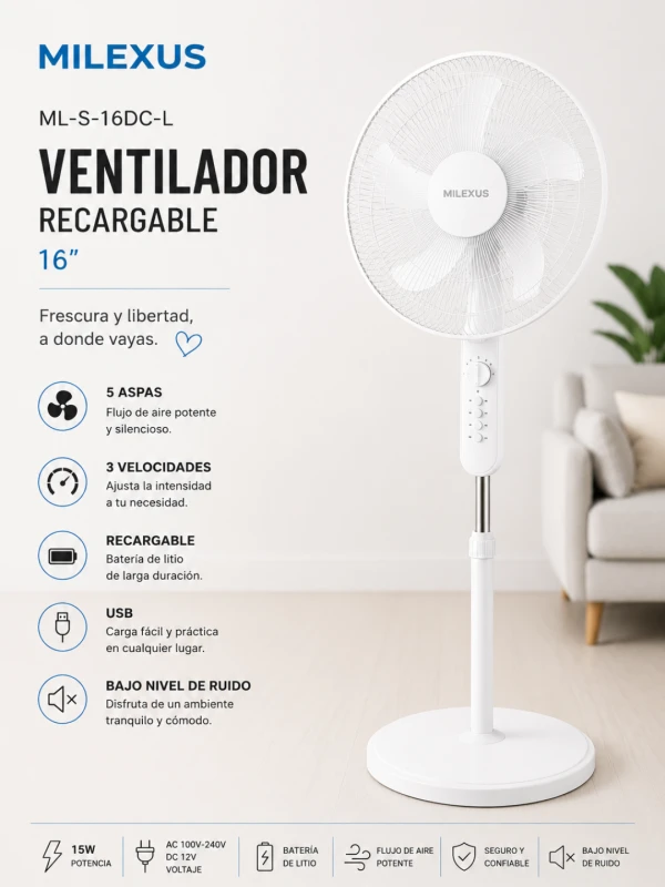 Ventilador Recargable MILEXUS 16" BLANCO's foto | CASAVIVA |  BizneCubano